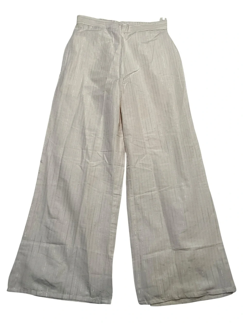 Women's Size 34 Pull On Pant Cream Metallic Silver Pinstripe Linen Semi-Sheer